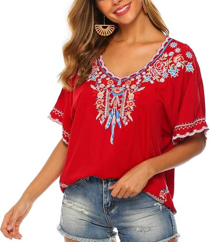 LauraKlein Women’s Embroidered Tops Short Sleeve Shirts Traditional Pattern of Feathers and Flowers Ethnic Style Blouse in Saudi Arabia
