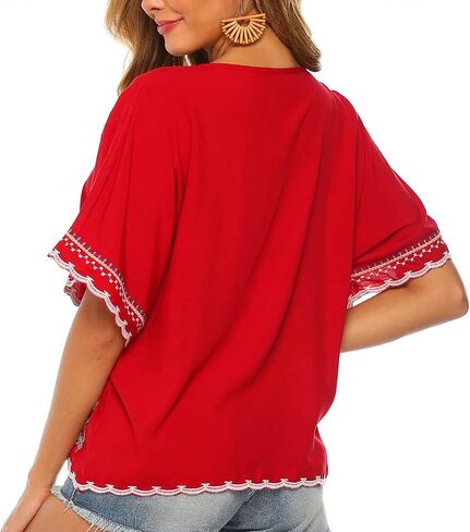 LauraKlein Women’s Embroidered Tops Short Sleeve Shirts Traditional Pattern of Feathers and Flowers Ethnic Style Blouse in Saudi Arabia