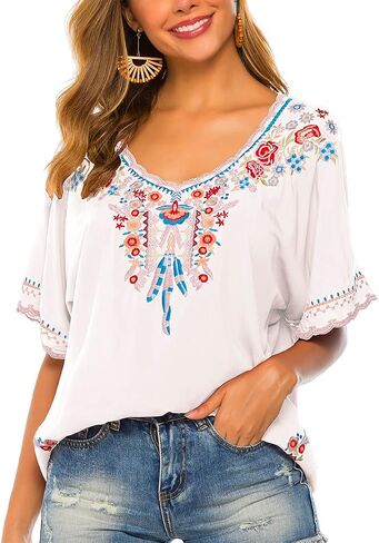 LauraKlein Women’s Embroidered Tops Short Sleeve Shirts Traditional Pattern of Feathers and Flowers Ethnic Style Blouse in Saudi Arabia