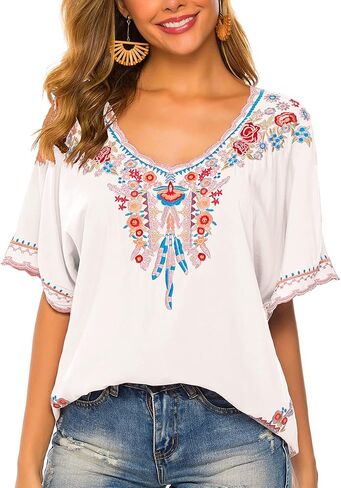 LauraKlein Women’s Embroidered Tops Short Sleeve Shirts Traditional Pattern of Feathers and Flowers Ethnic Style Blouse in Saudi Arabia