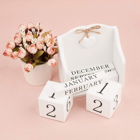Vintage Wooden Blocks Perpetual Calendar, Wooden Perpetual Desk Calendar Home and Office Decoration (White) in Kuwait