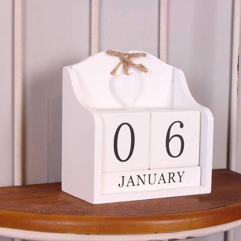 Vintage Wooden Blocks Perpetual Calendar, Wooden Perpetual Desk Calendar Home and Office Decoration (White) in Kuwait