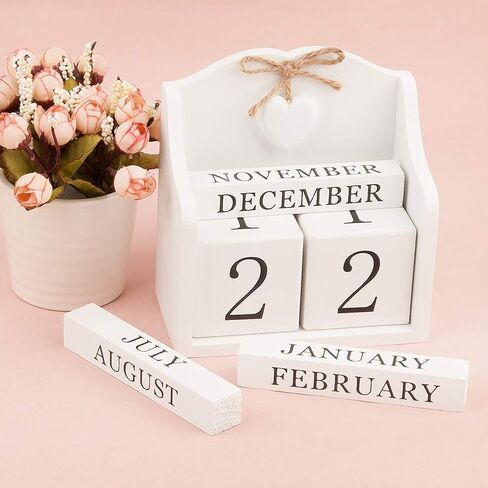 Vintage Wooden Blocks Perpetual Calendar, Wooden Perpetual Desk Calendar Home and Office Decoration (White) in Kuwait