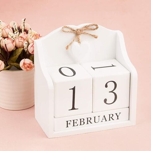Vintage Wooden Blocks Perpetual Calendar, Wooden Perpetual Desk Calendar Home and Office Decoration (White) in Kuwait