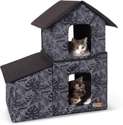K&H Pet Products مأوى متعدد القطط في الهواء الطلق مكون من طابقين مع غرفة طعام ومقهى Thermo-Kitty مُدفأ، ورقة رمادية in Saudi Arabia