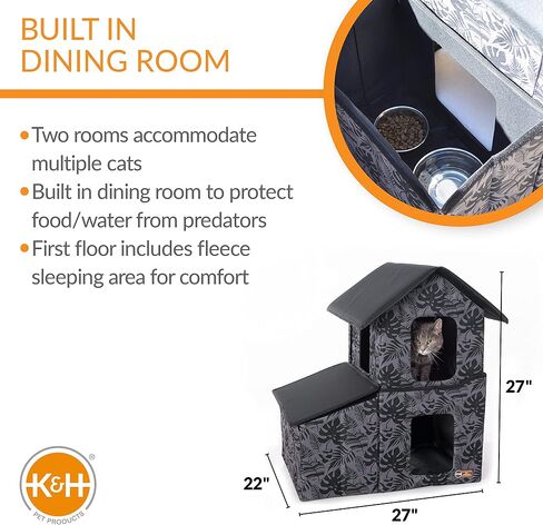 K&H Pet Products مأوى متعدد القطط في الهواء الطلق مكون من طابقين مع غرفة طعام ومقهى Thermo-Kitty مُدفأ، ورقة رمادية in Saudi Arabia