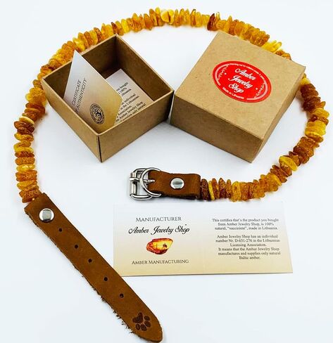 Amber Collars for Dogs & Cats - Baltic Amber Dog & Cat Collar with Adjustable Leather Strap - Raw Knotted Amber Beads (35-40cm) in Saudi Arabia