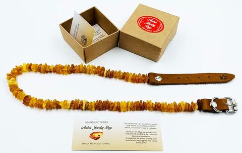 Amber Collars for Dogs & Cats - Baltic Amber Dog & Cat Collar with Adjustable Leather Strap - Raw Knotted Amber Beads (35-40cm) in Saudi Arabia