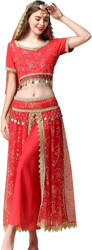 Belly Dance Costume Bollywood Dress - Halloween Chiffon Dance Outfit Costumes with Head Veil for Women in Kuwait