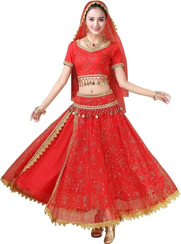 Belly Dance Costume Bollywood Dress - Halloween Chiffon Dance Outfit Costumes with Head Veil for Women in Kuwait