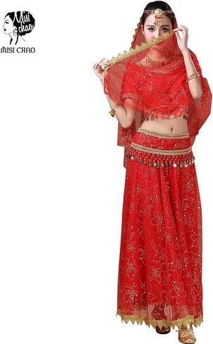 Belly Dance Costume Bollywood Dress - Halloween Chiffon Dance Outfit Costumes with Head Veil for Women in Kuwait