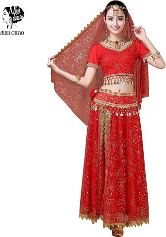 Belly Dance Costume Bollywood Dress - Halloween Chiffon Dance Outfit Costumes with Head Veil for Women in Kuwait