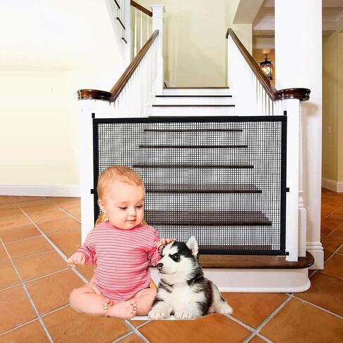 Baby Gate Dog Gate for Stairs No Drilling - 43.3" W x 28.3" H Retractable Mesh Baby Gate for Stairs No Drill Magic Gate Dog Gate for Doorways Pet Gate Puppy Gate for Stairs & The House (CS) (CS) in Kuwait