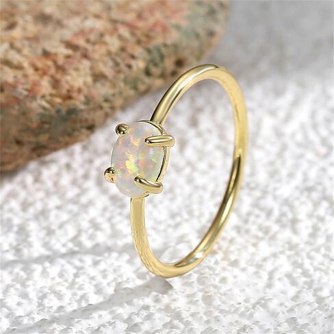 Dainty Opal Promise Band Ring for Women Girls 14K Gold Plated Cute Oval White Fire Opal Birthstone Statement Stackable Finger Rings Comfort Fit Fashion Birthday Wedding Holiday Mother's Day Jewelry Gift in Saudi Arabia