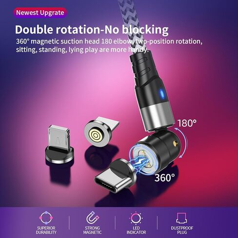 Magnetic Charging Cable 3A Fast Charging, Rotating Fast Charge Magnetic Phone Charger Cable, Nylon Braided Magnetic Cable Data Transfer Cord for Type C/Micro USB/i-Products in Saudi Arabia