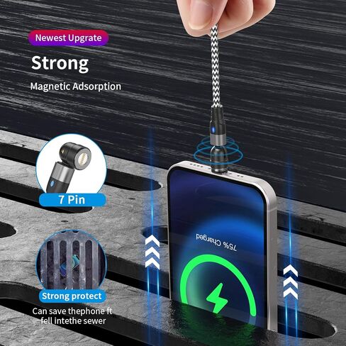 Magnetic Charging Cable 3A Fast Charging, Rotating Fast Charge Magnetic Phone Charger Cable, Nylon Braided Magnetic Cable Data Transfer Cord for Type C/Micro USB/i-Products in Saudi Arabia