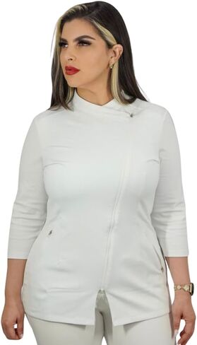 All in beauty Top Scrubs for Women, White Zipper Aestheticians Uniform for Spa, Esthetician Top Scrub 3/4 Sleeve. in Saudi Arabia