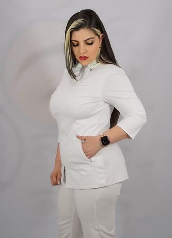 All in beauty Top Scrubs for Women, White Zipper Aestheticians Uniform for Spa, Esthetician Top Scrub 3/4 Sleeve. in Saudi Arabia