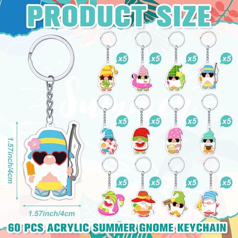 60 قطعة من سلسلة مفاتيح جنوم الصيفية على الشاطئ جنوم سحر حلقة مفاتيح أكريليك جنوم سلسلة مفاتيح للشباب البالغين ديكورات هدايا عيد الميلاد، 12 نمطًا in Kuwait