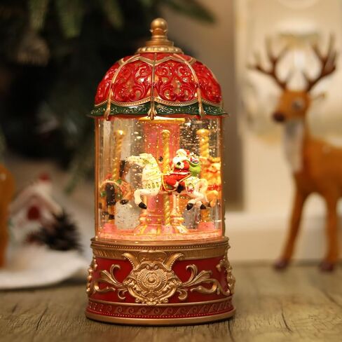 Carousel Snow Globe, Lighted Christmas Snow Globes Lantern, Music Box for Girls, Vintage Carousel Christmas Decoration Indoor Home Décor & Gift, 6H Timer, USB/Battery Operated, Santa on Carousel in Kuwait
