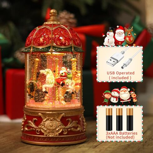 Carousel Snow Globe, Lighted Christmas Snow Globes Lantern, Music Box for Girls, Vintage Carousel Christmas Decoration Indoor Home Décor & Gift, 6H Timer, USB/Battery Operated, Santa on Carousel in Kuwait