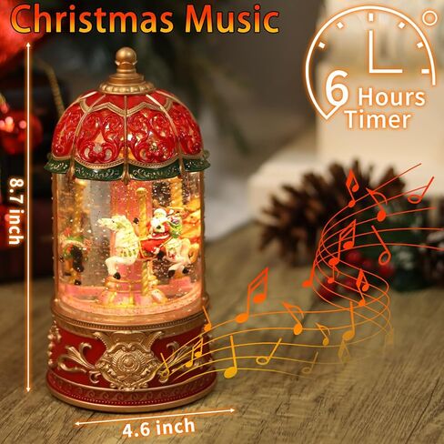 Carousel Snow Globe, Lighted Christmas Snow Globes Lantern, Music Box for Girls, Vintage Carousel Christmas Decoration Indoor Home Décor & Gift, 6H Timer, USB/Battery Operated, Santa on Carousel in Kuwait