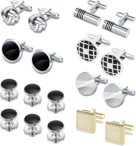مجموعة 18 قطعة من أزرار الأكمام وأزرار القميص للرجال، أزرار أكمام كلاسيكية باللون الفضي والأسود المربعة CZ، أزرار أكمام مستطيلة، أزرار أكمام للرجال لحفلات الزفاف والعريس، هدية أنيقة للأعمال in Kuwait