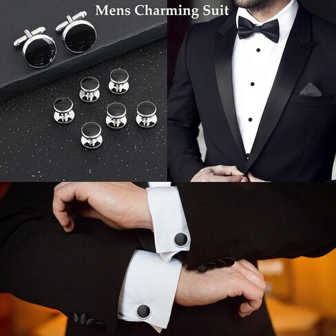 مجموعة 18 قطعة من أزرار الأكمام وأزرار القميص للرجال، أزرار أكمام كلاسيكية باللون الفضي والأسود المربعة CZ، أزرار أكمام مستطيلة، أزرار أكمام للرجال لحفلات الزفاف والعريس، هدية أنيقة للأعمال in Kuwait