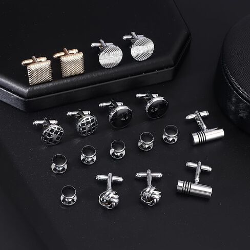 مجموعة 18 قطعة من أزرار الأكمام وأزرار القميص للرجال، أزرار أكمام كلاسيكية باللون الفضي والأسود المربعة CZ، أزرار أكمام مستطيلة، أزرار أكمام للرجال لحفلات الزفاف والعريس، هدية أنيقة للأعمال in Kuwait
