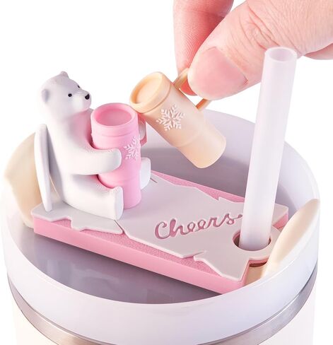 Angel Bear Name Plate with 2PCS Straw Caps for Stanley Cup Cute Funny Accessories for Man & Woman Gift (Bear Cheers 30oz Beige) in Saudi Arabia