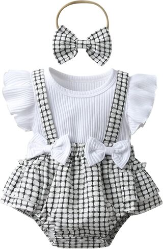 Infant Baby Girls Summer Clothes Playsuits Ruffled Bodysuit+Headband Fly Sleeve Romper Jumpsuit Outfits in Kuwait