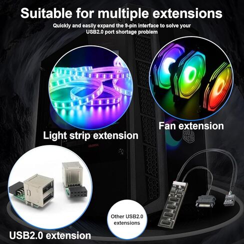 موزع USB داخلي 9 سنون، 4 منافذ USB 2.0 داخلية مع وصلة طاقة SATA لوحدة المعالجة المركزية وجهاز استقبال WiFi ومروحة تبريد وإضاءة RGB وملحق USB Hub للوحة الأم in Kuwait