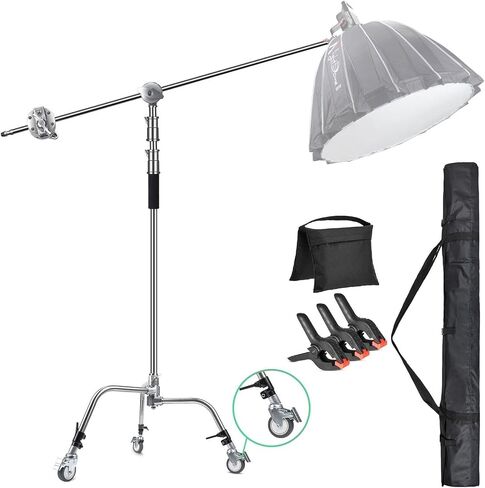 EACHSHOT C Stand Metal w/Bag Wheel Sandbag Clip Max 10.8ft/330cm with 106cm Holding Arm 2 Pieces Grip Head for Godox AD400 Pro AD600 Pro AD600BM Aputure 120D 300D II for Photography Studio in Saudi Arabia