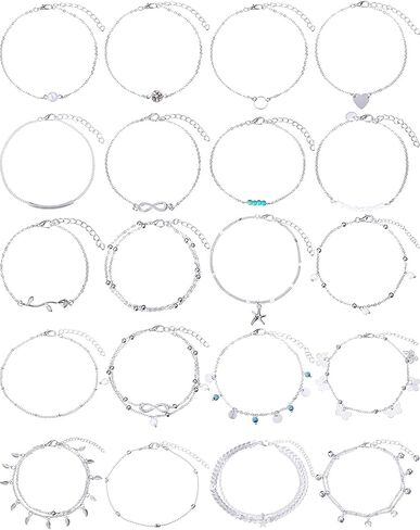 20 قطعة قابل للتعديل سلسلة القدم الشاطئ خلخال سوار الكاحل سلاسل القدم مجموعة مجوهرات للنساء الفتيات (الفضة) in Kuwait