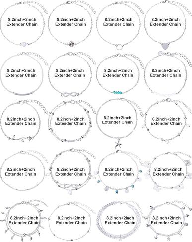 20 قطعة قابل للتعديل سلسلة القدم الشاطئ خلخال سوار الكاحل سلاسل القدم مجموعة مجوهرات للنساء الفتيات (الفضة) in Kuwait