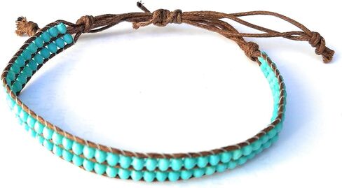 سوار الكاحل بوهو بيتش - رباط مطرز بالخرز - خرز بلون فيروزي مزدوج الصف - مكرامية قابلة للتعديل، من 6 إلى 11 بوصة in Kuwait