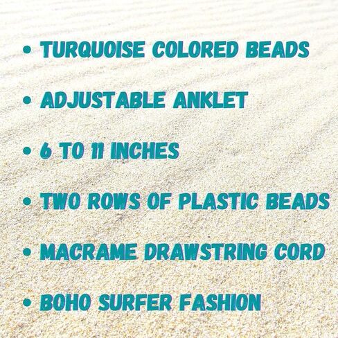 سوار الكاحل بوهو بيتش - رباط مطرز بالخرز - خرز بلون فيروزي مزدوج الصف - مكرامية قابلة للتعديل، من 6 إلى 11 بوصة in Kuwait