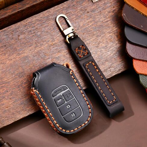 2022 2023 2024 Leather Key Fob Cover, Compatible with Honda Accord Civic HR-V CR-V Pilot Sport SI EX EX-L Touring, No Screw Design Retro Style Smart Key Protector, 4/5 Button(Black) in Kuwait
