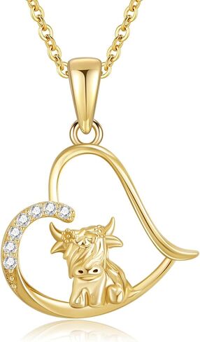 14k Soild Gold Highland Cow Necklace for Women Heart Necklace Cubic Zirconia Cute Animal Cow Pendant Jewelry Birthday Christmas Gifts for Women Girls in Saudi Arabia