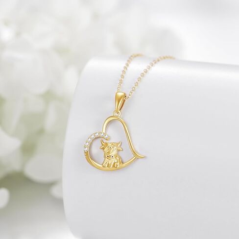 14k Soild Gold Highland Cow Necklace for Women Heart Necklace Cubic Zirconia Cute Animal Cow Pendant Jewelry Birthday Christmas Gifts for Women Girls in Saudi Arabia
