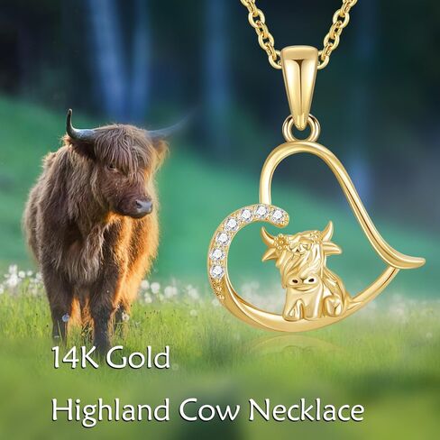 14k Soild Gold Highland Cow Necklace for Women Heart Necklace Cubic Zirconia Cute Animal Cow Pendant Jewelry Birthday Christmas Gifts for Women Girls in Saudi Arabia