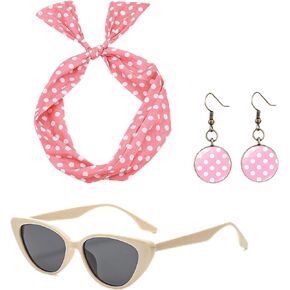 50's Costume Accessories Set,Cat Eye Glasses, Bandana Headband & Earrings for women