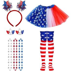 4th of July Set Women Costume Accessories Red White Blue Tutu Striped Socks Necklaces Tassel Earring Headbopper