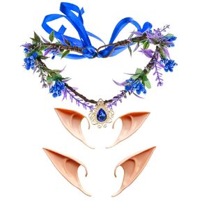 June Bloomy Women Flower Crown Fairy Costume Headband Renaissance Forest Leaf Headband 2 Pair Elf Ear Headpiece Set(Black Butterfly)