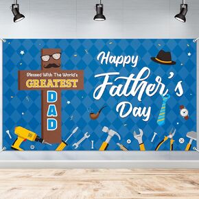 WATINC Father’s Day Christian Backdrop Banner - Xtralarge Blessed with The World’s Greatest Dad Wall Decorations, Happy Fathers Day Bible Cross Blue Super Dad Background Supplies （79 X 45 Inch）