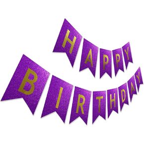 Glitter Birthday Banner, Purple Happy Birthday Sign, Pre-strung Sparkling Gold Letter Party Bunting