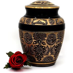 Cremation Urn: Majestic Floral and Feather Vase Brass Urn