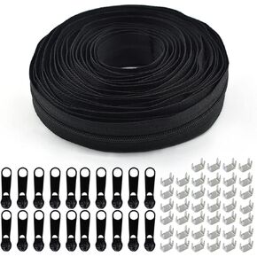 #3 Nylon Coil Zipper 10 Yards Zipper Roll for Sewing Nylon Coil with 20pcs Black Sliders and 30pcs Zippers Stops for DIY Sewing Tailor Crafts Bages (Black/ 10Yards)