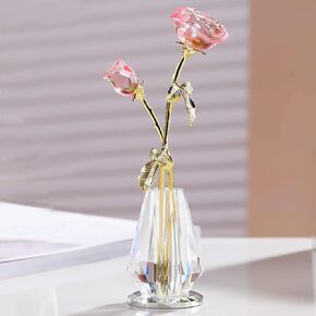 Movdyka Crystal Pink Rose Flowers Figurine with Vase Glass Roses Statue with Stem Bouquet Mothers Day Rose Gift for Mom Women Christmas Anniversary Ornament Decor