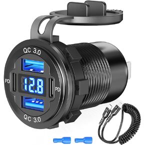 【Upgraded Version】 78W 12V USB Outlet Qidoe 4 Port Dual 30W PD & Dual Quick Charge 3.0 Aluminum USB 12V Charger Socket with Voltmeter USB C to USB C Cable Coiled 3FT Cord for Car Boat Marine RV